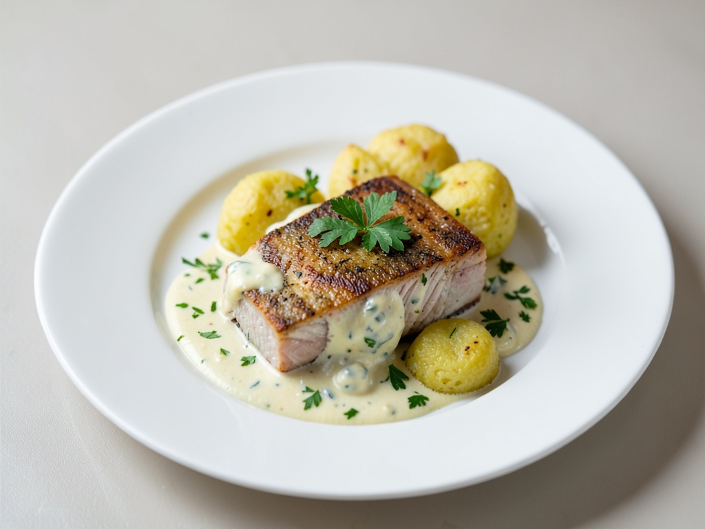 Morue avec sauce au chou-fleur et crème et boulettes de pain