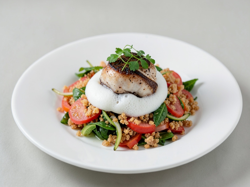 Pescatrice in schiuma di cocco su insalata di verdure crude croccante