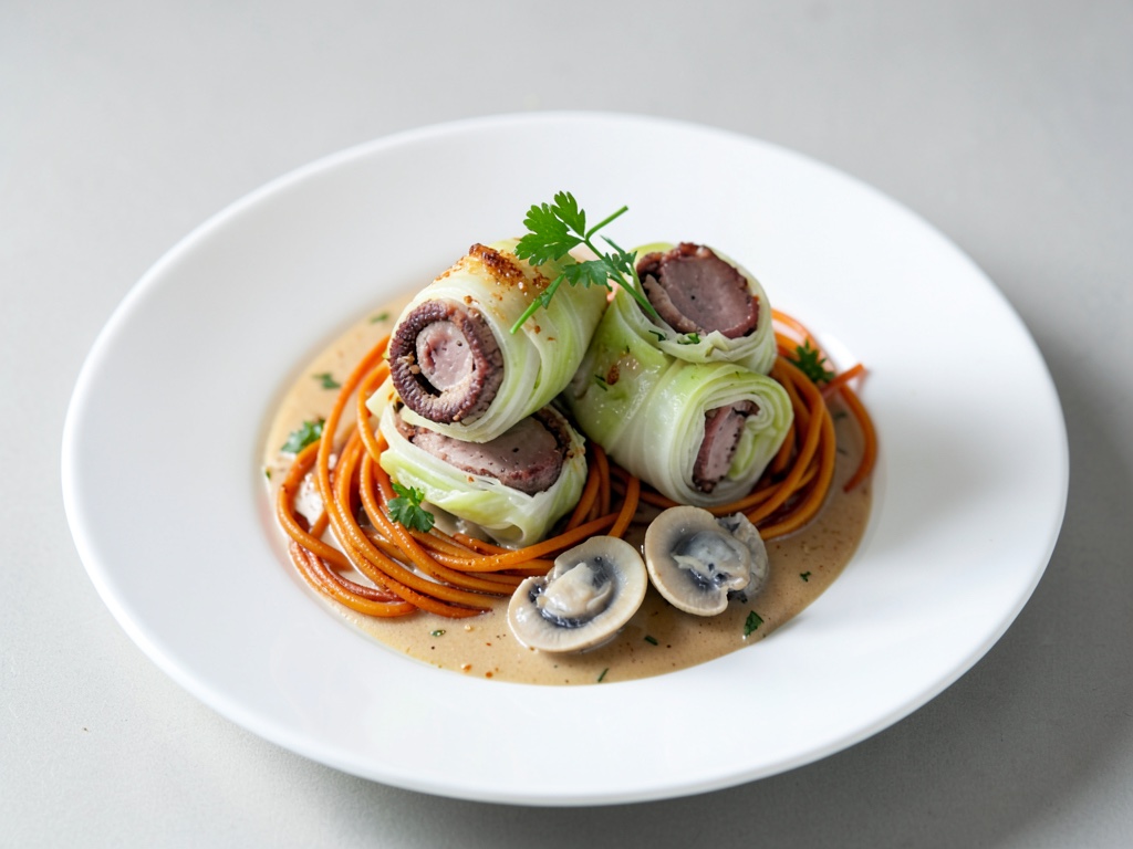 Seeteufel-Wirsing-Rollen mit Safran-Nudeln und Muschelsauce