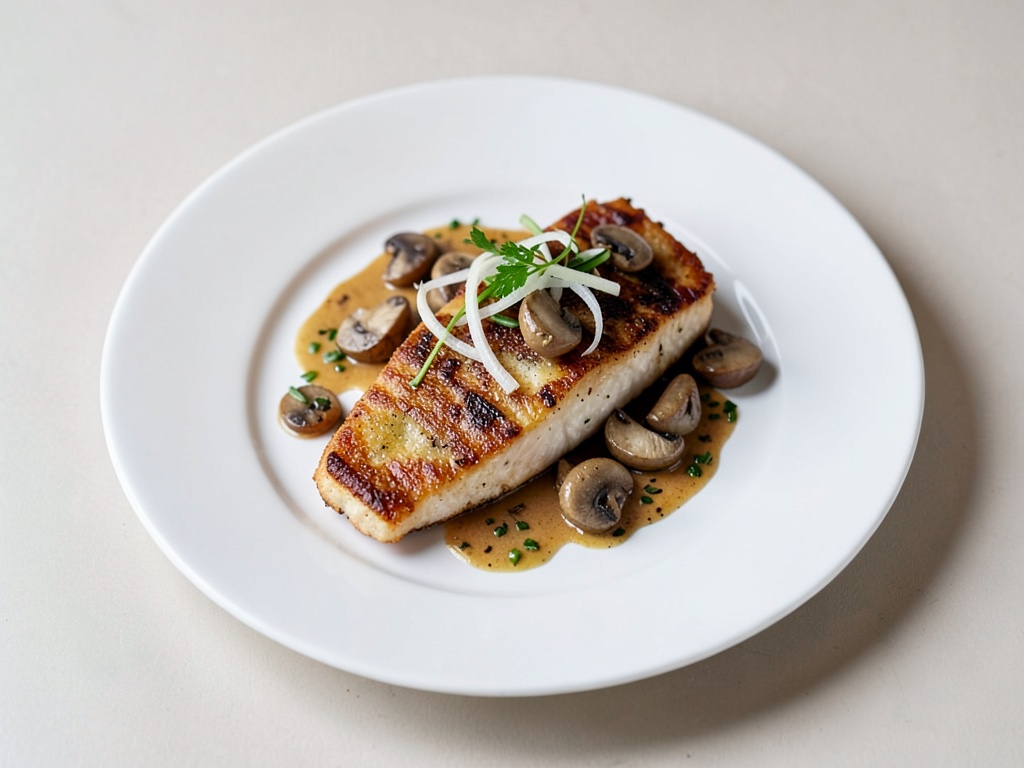 Barbeau plat aux champignons et oignons de printemps