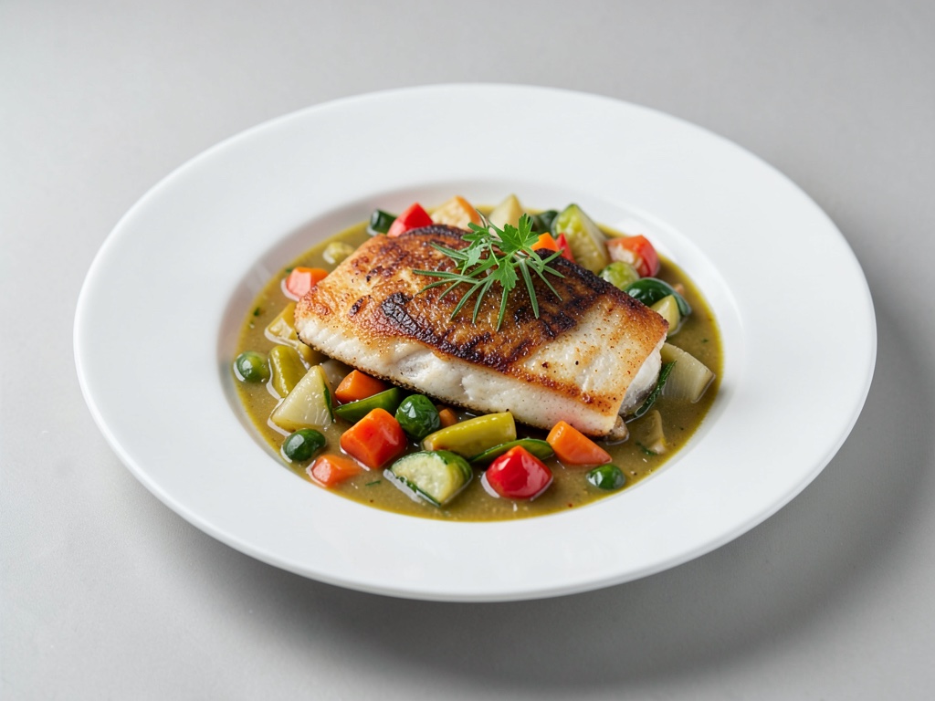 Filets de sole poêlés sur un ragoût de légumes mixtes