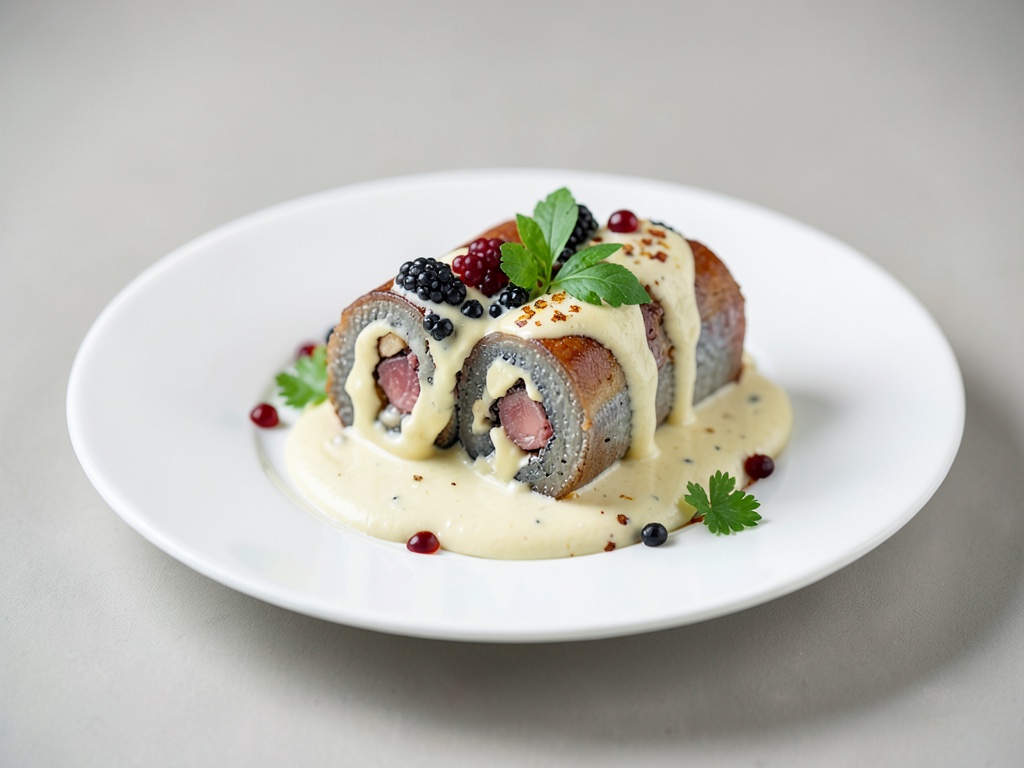 Rotoli di sogliola con ripieno di caviale su salsa cremosa alle uova