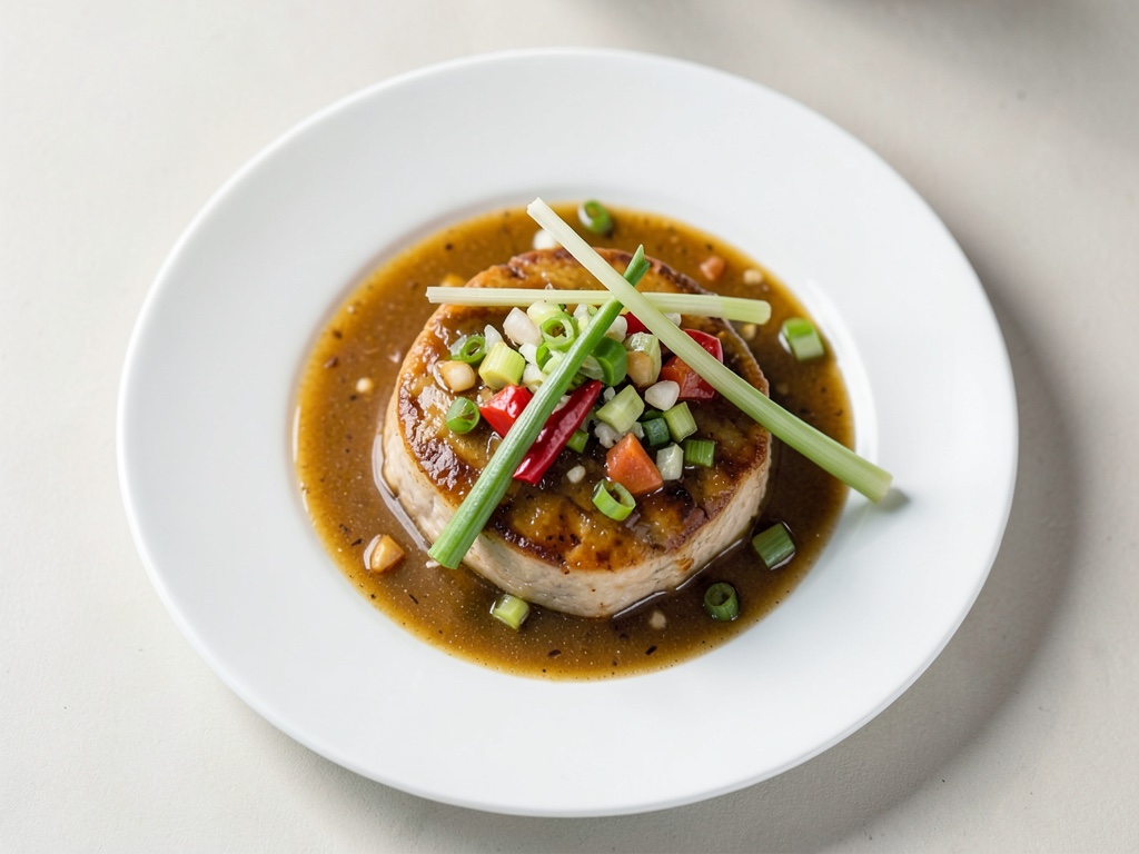 Tenero tofu setoso con salsa di mango, peperoncino e cipollotto in condimento di acero e soia