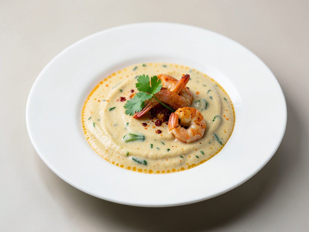 Sopa cremosa de apio y naranja con gambas picantes de jengibre