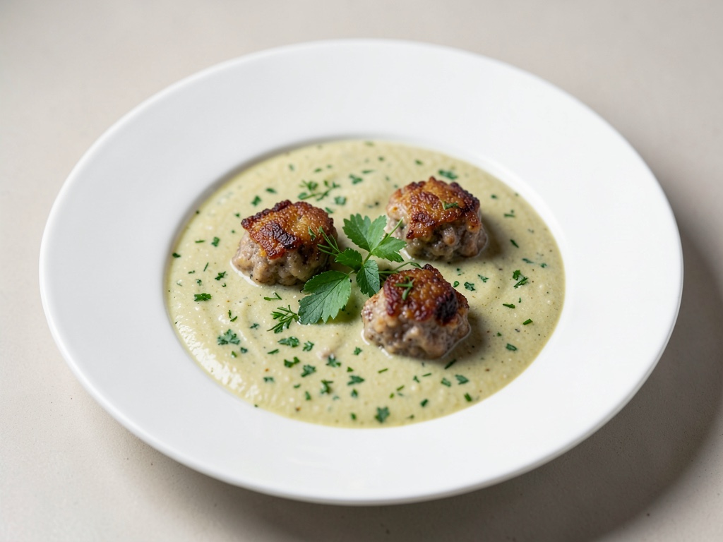 Zuppa cremosa di sedano con crocchette di pancetta croccanti