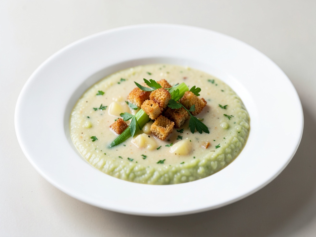 Zuppa cremosa di sedano e patate con crostini croccanti e purè di sedano da campo