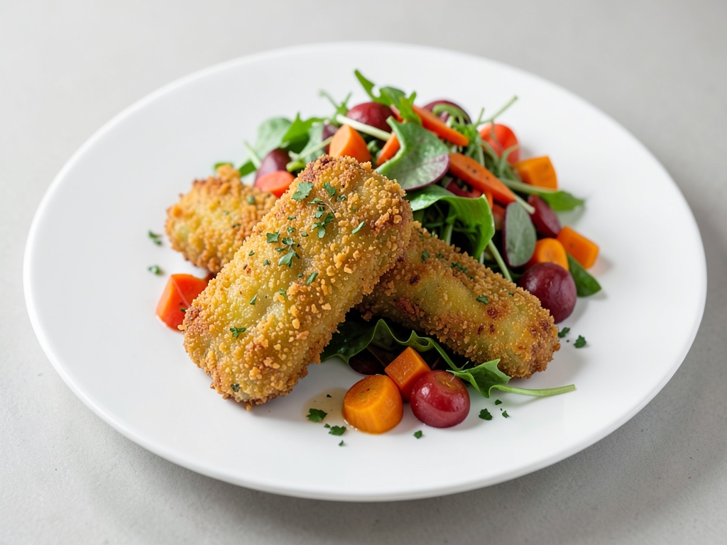 Chuletas crujientes de apio con ensalada de verduras de raíz coloridas