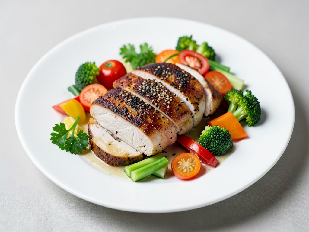 Poitrines de poulet croustillantes au sésame et légumes colorés