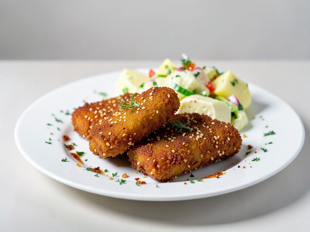 Schnitzel crujiente de sésamo con ensalada de patatas