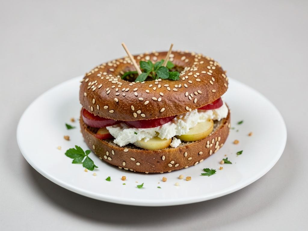 Bagel al sesamo con sandwich fresco di quark e mela