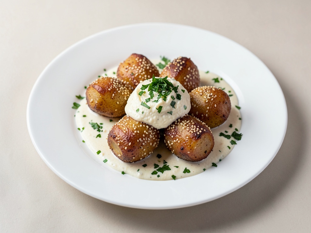 Patate croccanti al sesamo con crema di ricotta e erbe fresche