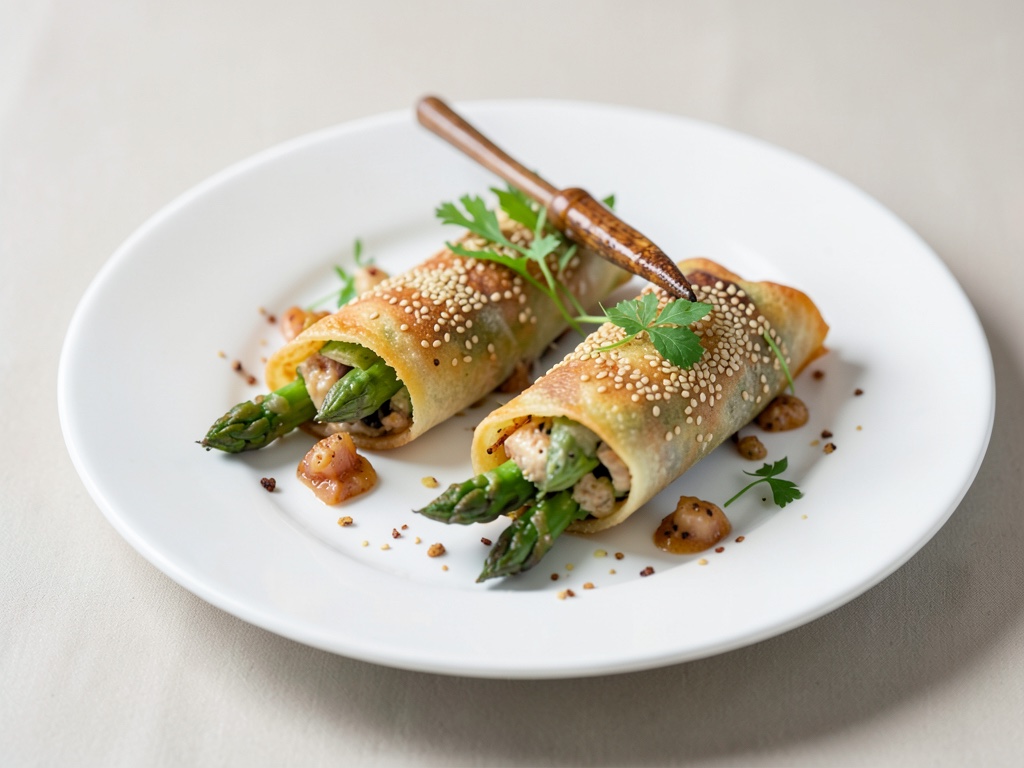 Rulitos de espárragos en crepes de sésamo
