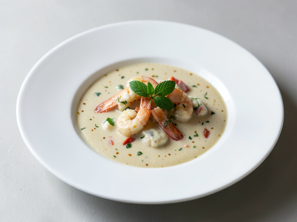 Sopa cremosa de gambas y coco