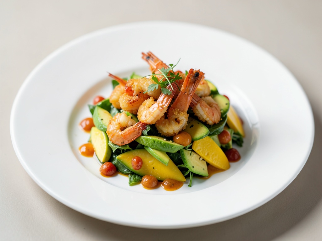Gamberi croccanti su insalata fresca di mango e avocado