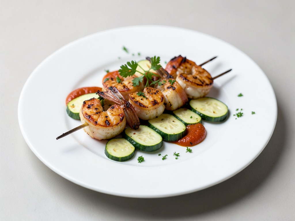 Spiedini di gamberi alla griglia con zucchine