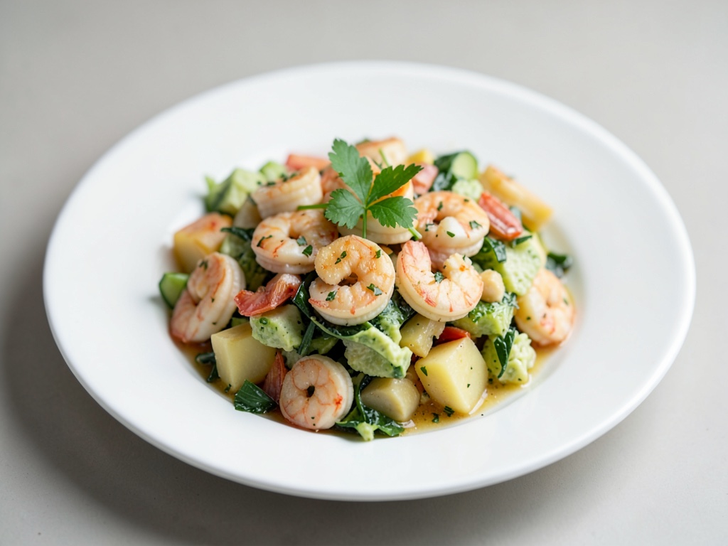 Insalata di gamberi e patate fruttata con capesante