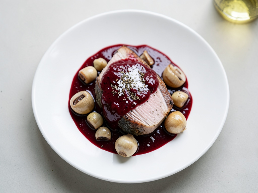 Merluzzo del Mare del Nord con salsa al vino rosso caramellata e funghi