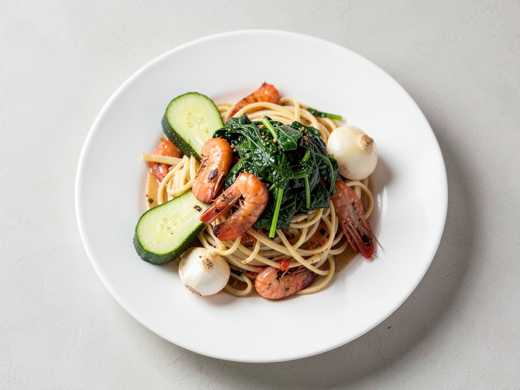 Noodles Soba con spinaci e gamberi