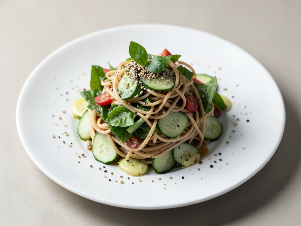 Insalata fresca con noodles di soia, cetriolo e sesamo