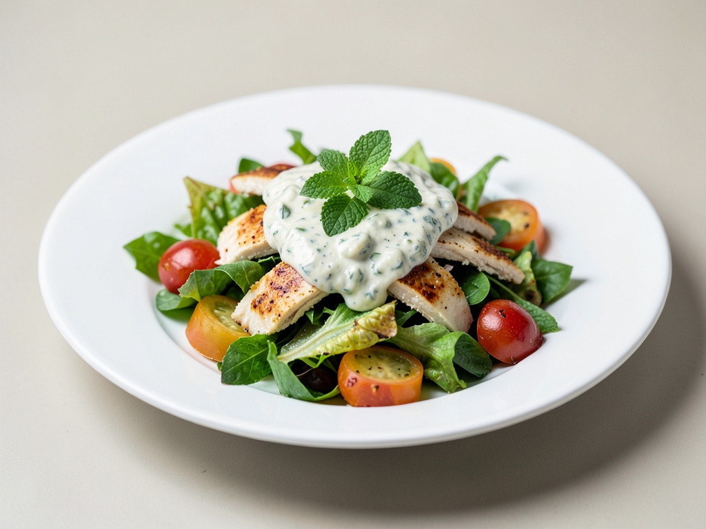 Insalata estiva fresca con pollo e condimento al kefir e menta