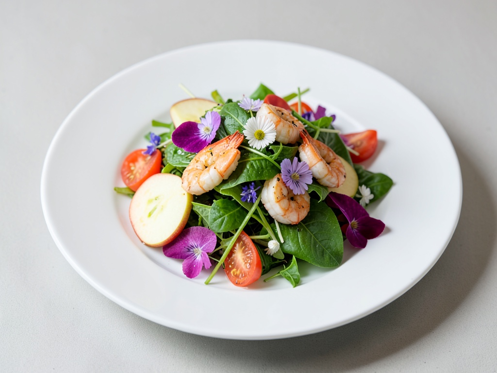 Frischer Sommersalat mit Äpfeln, Garnelen und essbaren Blüten