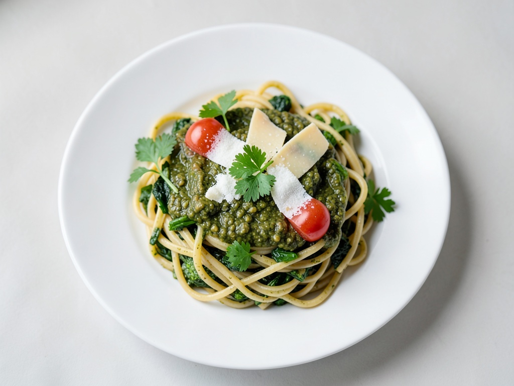 Spaghetti con verdure fresche e pesto fatto in casa