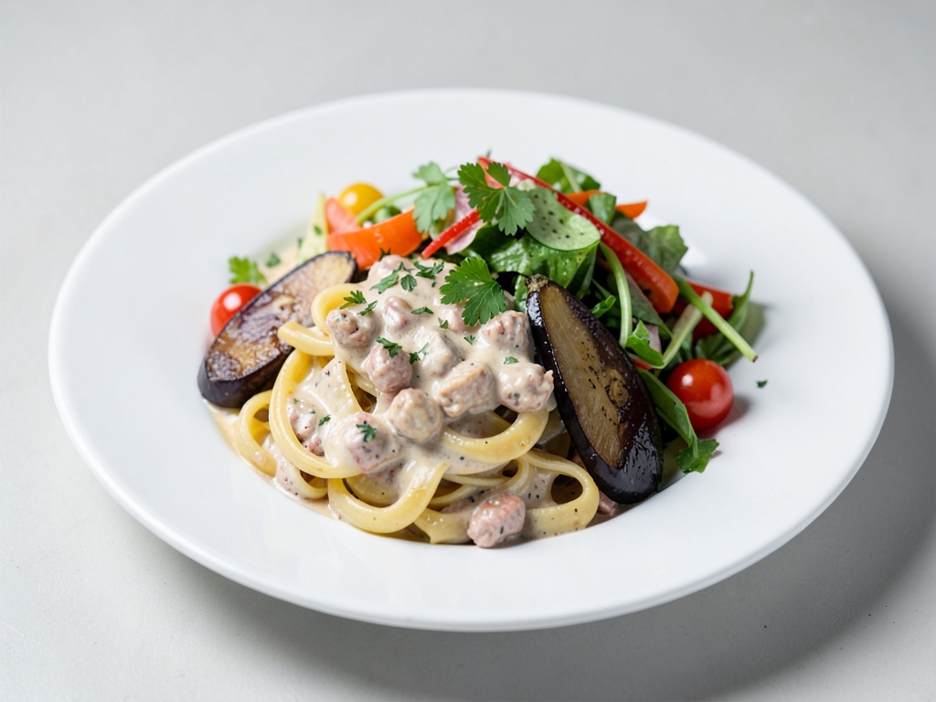 Cremige Thunfisch-Pasta mit Aubergine und Frühlingsgemüse-Salat