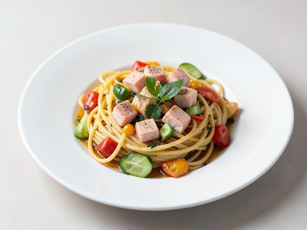 Spaghetti mit Lachswürfeln und Gemüse