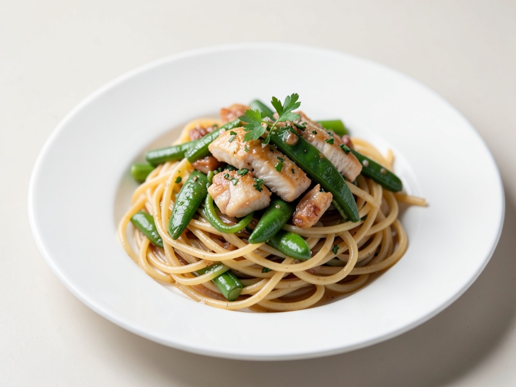 Spaghetti mit Fisch und Zuckerschoten