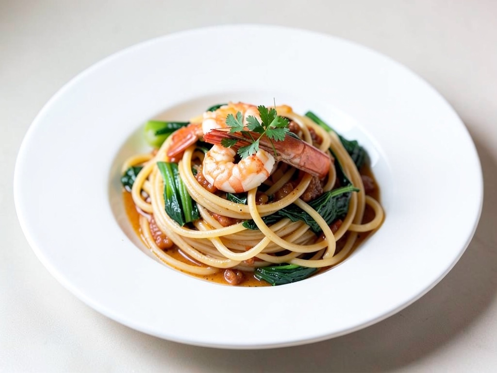 Spaghetti mit Garnelen und Pak Choi