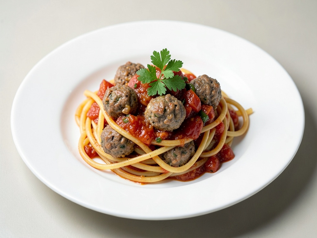 Spaghetti mit Fleischbällchen in Tomaten-Paprika-Sauce