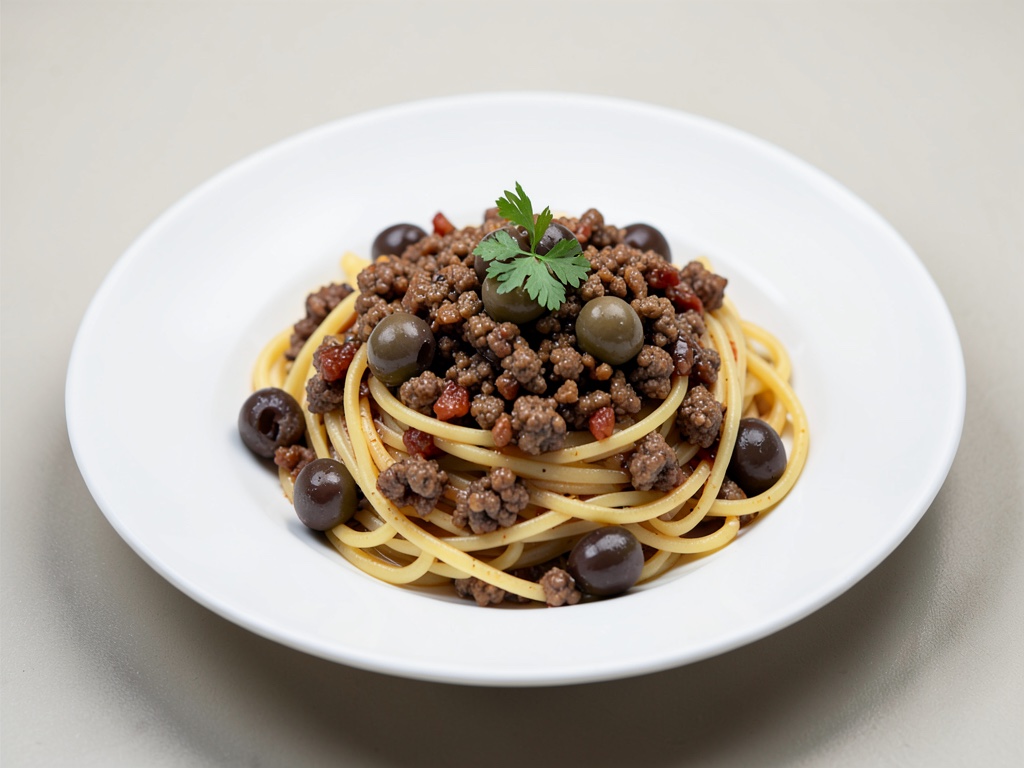 Spaghetti mit Hackfleischsauce und Oliven
