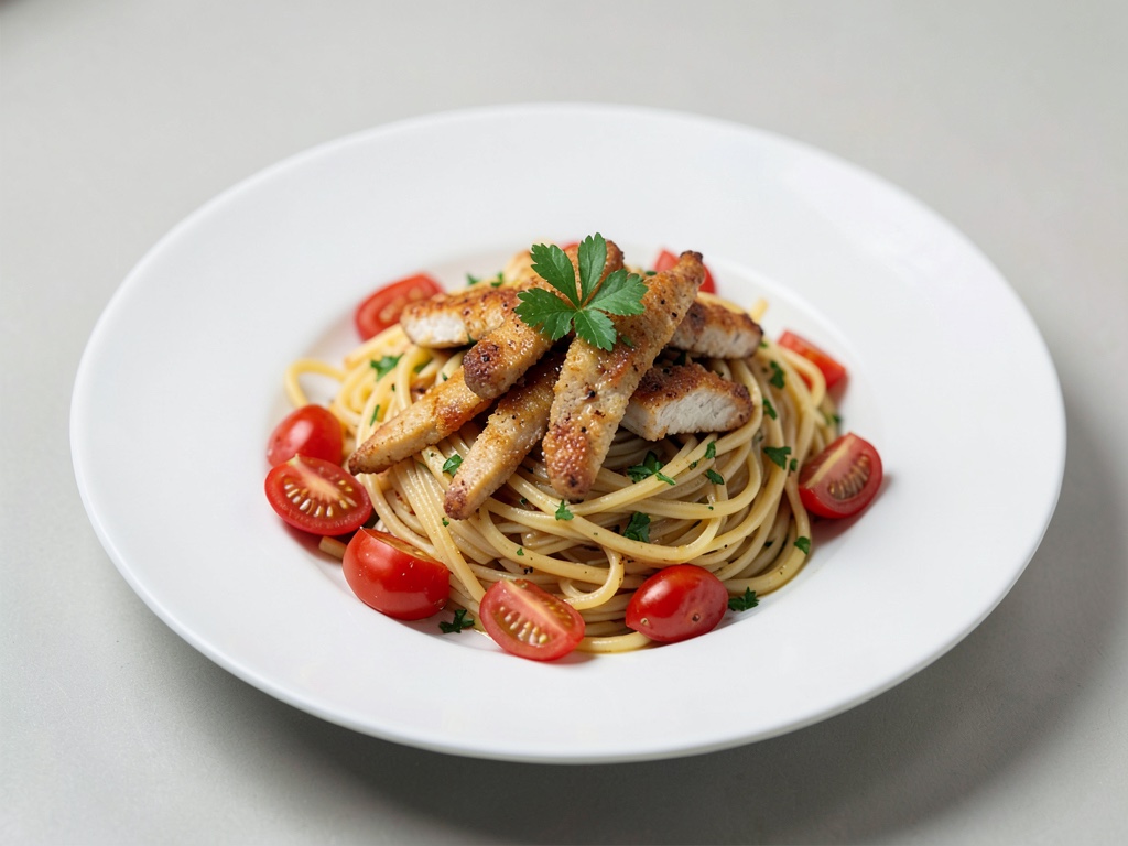 Spaghetti mit Hähnchenstreifen und Kirschtomaten