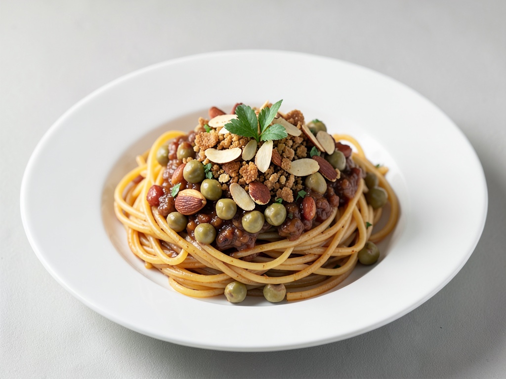 Knusprige Mandeln und Kichererbsen auf Spaghetti