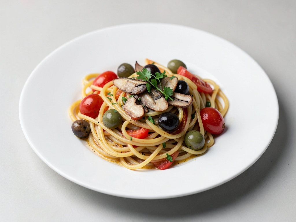 Spaghetti mit Oliven, Tomaten und Sardellen