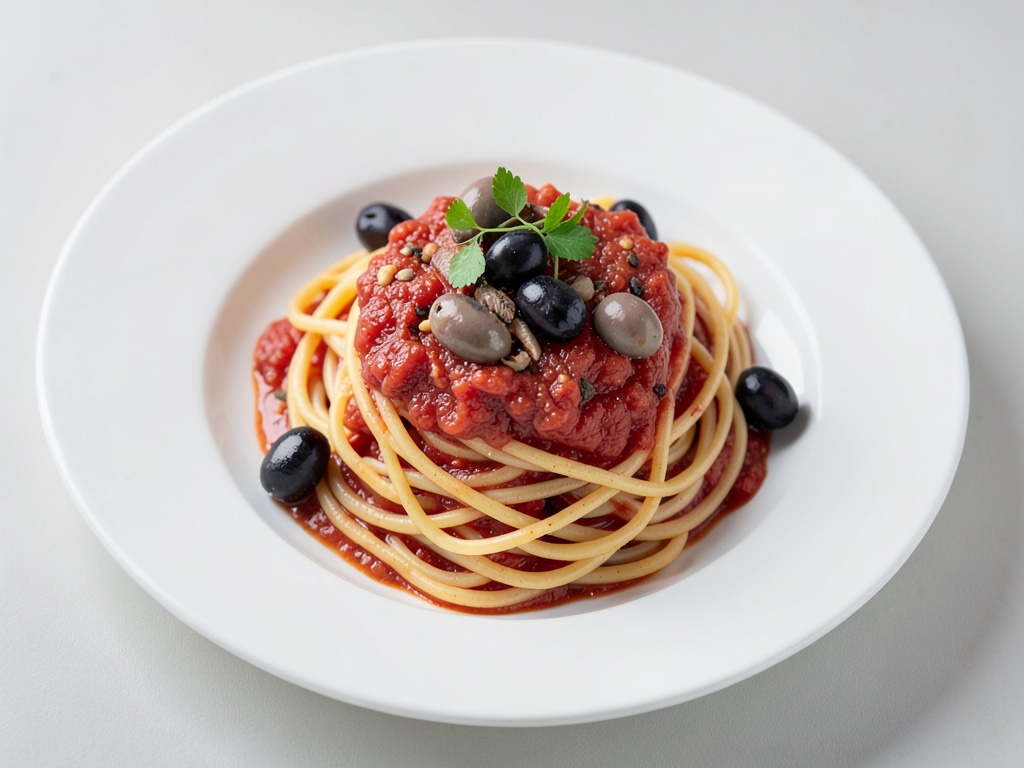 Nudeln mit Tomaten-Püree, Sardellen und Oliven