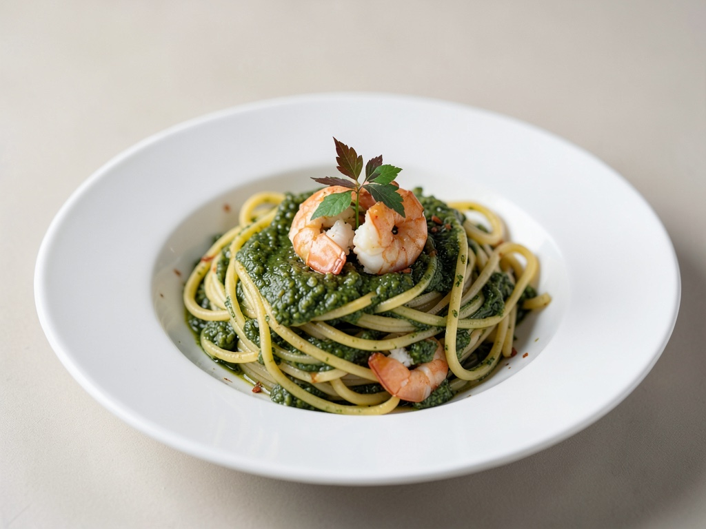 Spaghetti mit Sauerampfer-Pesto und Garnelen