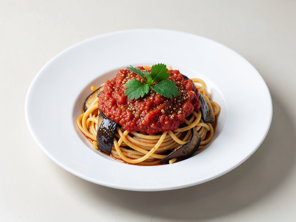 Ofen-Auberginen-Spaghetti mit würziger Tomatensoße