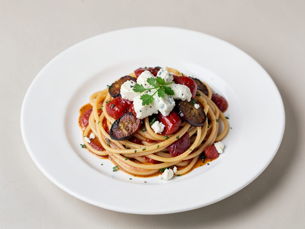 Paprika-Spaghetti mit Ziegenkäse