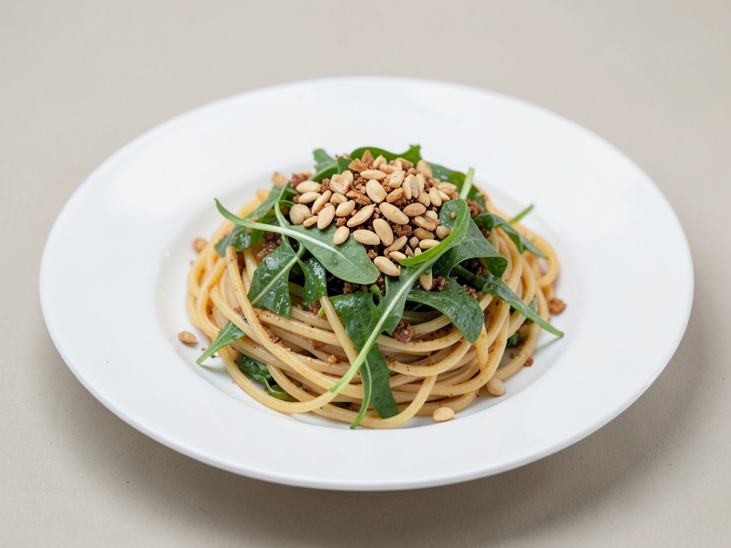 Nudel-Rucola-Salat mit gerösteten Pinienkernen