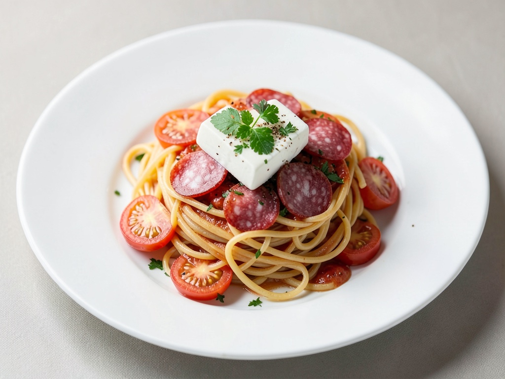 Spaghettinester mit Tomaten, Mozzarella und Salami