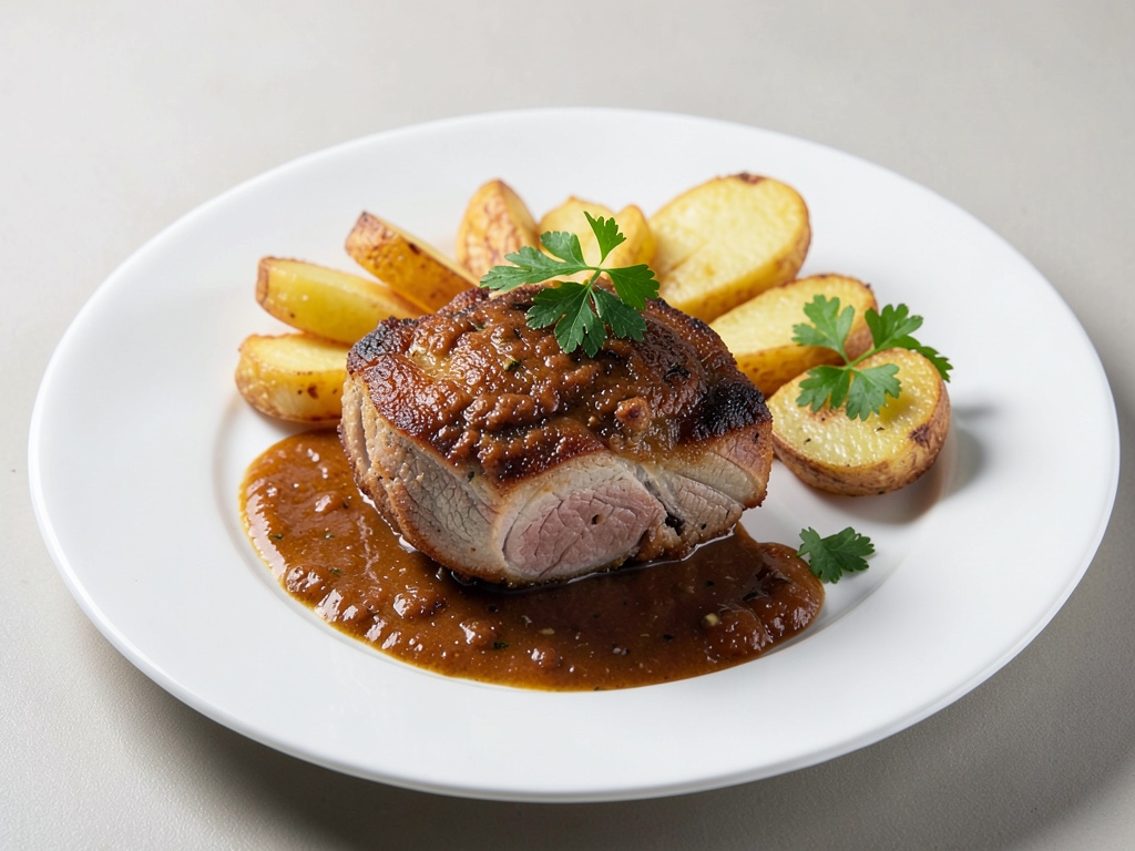Crocquant de porc de lait avec pommes de terre au four