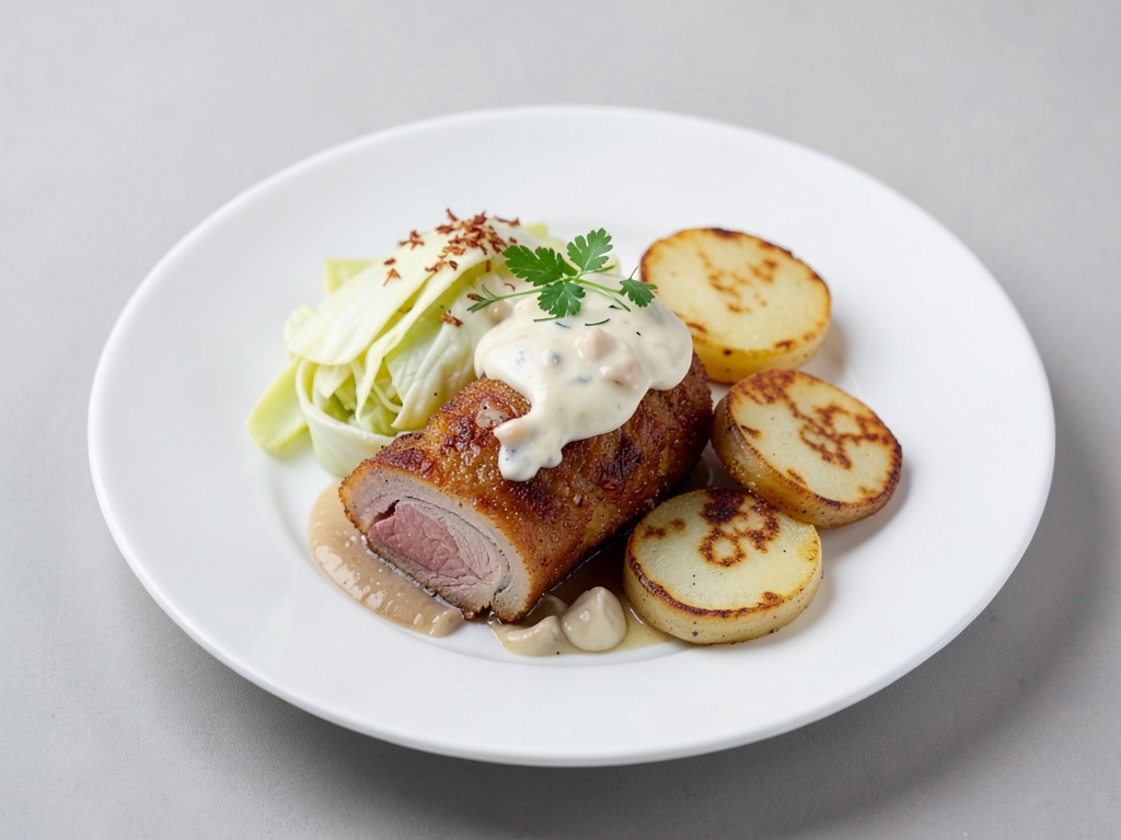 Maialino croccante con cavolo cappuccio a punta e frittelle di patate