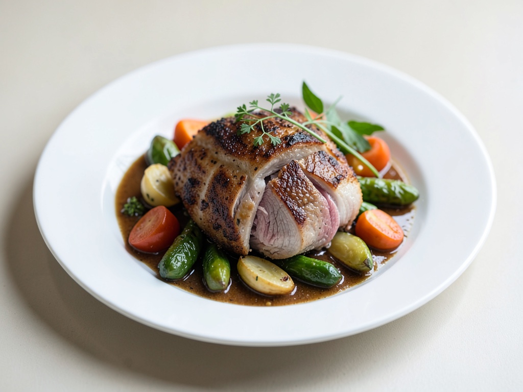 Maiale arrosto croccante con verdure al forno