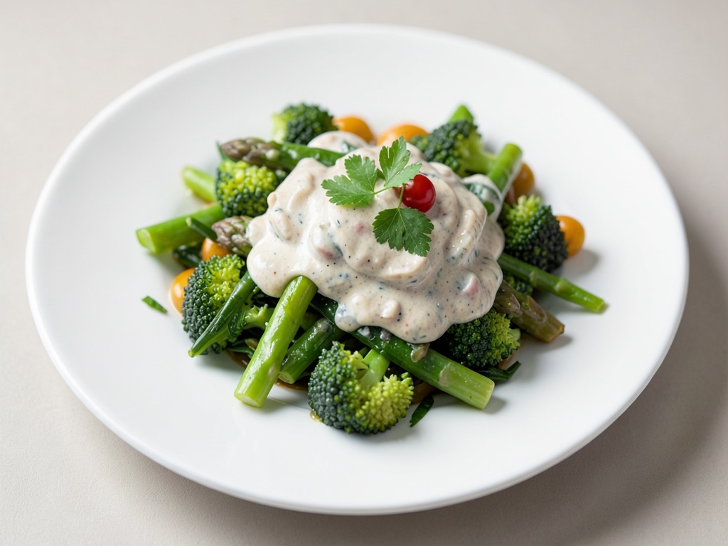 Insalata fresca di asparagi verdi e broccolini con crema al miso