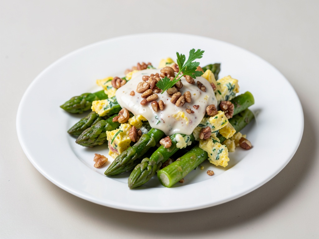 Insalata di uova e asparagi verdi fresca con condimento alle noci