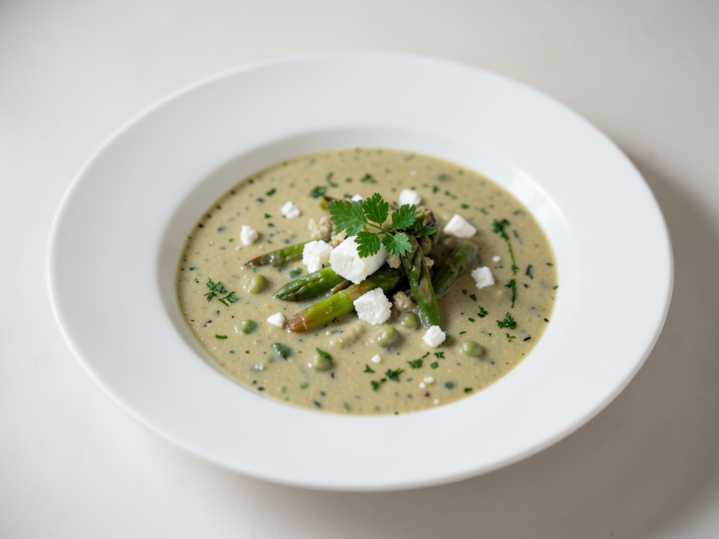 Zuppa cremosa di asparagi verdi e piselli con feta