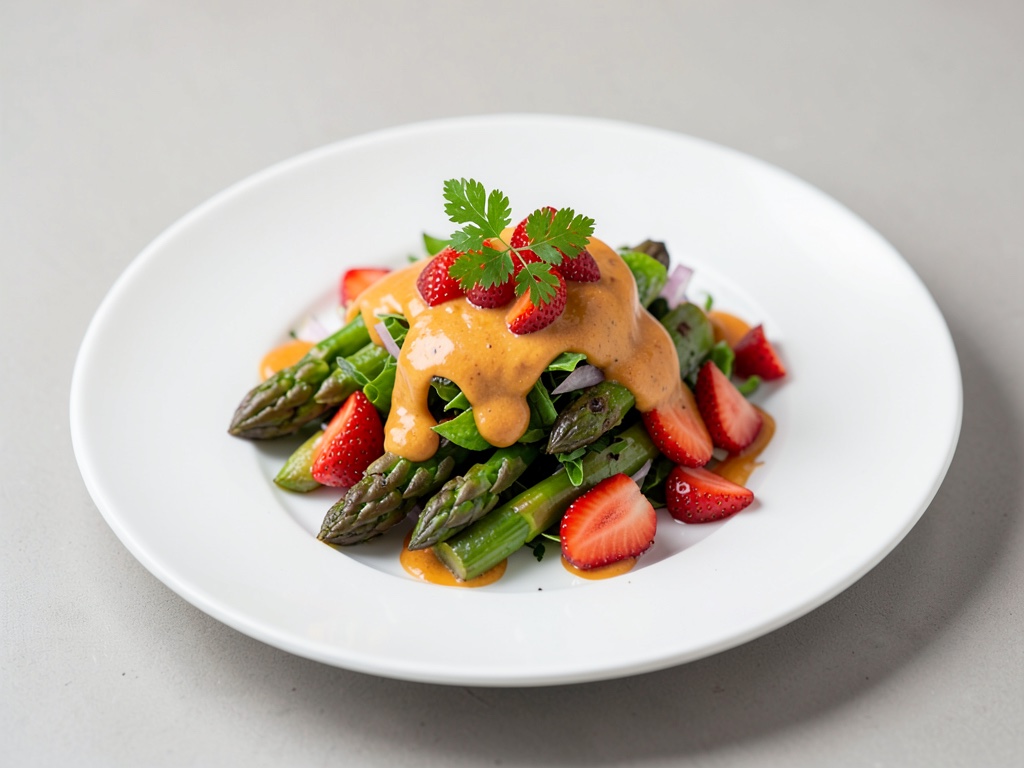 Insalata fresca di asparagi e fragole con condimento all'arancia