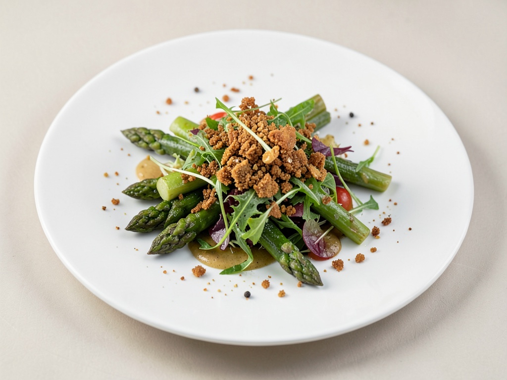 Asparago verde con insalata di frisée e ingredienti croccanti