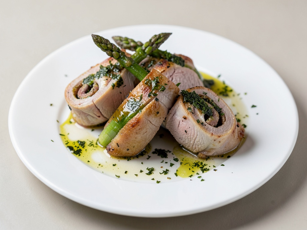 Veal Schnitzel Rolls with Asparagus and Herb Oil